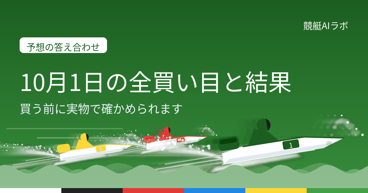 10月1日の競艇予想の答え合わせ。公開した全買い目と、公式結果に照らした的中・不的中を載せている