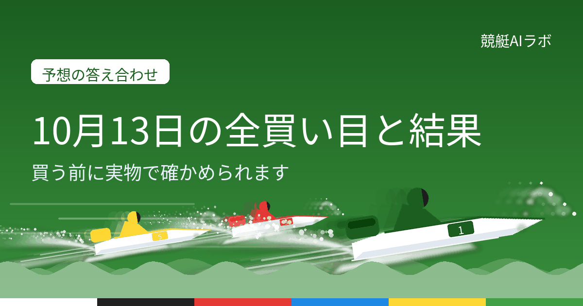 10月13日の競艇予想の答え合わせ。公開した全買い目と、公式結果に照らした的中・不的中を載せている